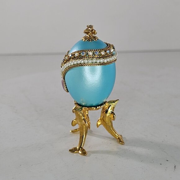 Kingspoint Designs Quail Egg Trinket Hinged Box Gold Colored Dolphin Legs - Picture 4 of 9